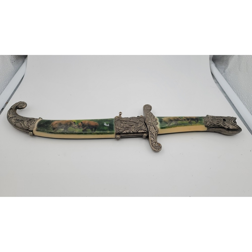 Vintage Decorative Rhinoceros Wildlife Knife Ornate Scabbard Silver Tone 11.5in